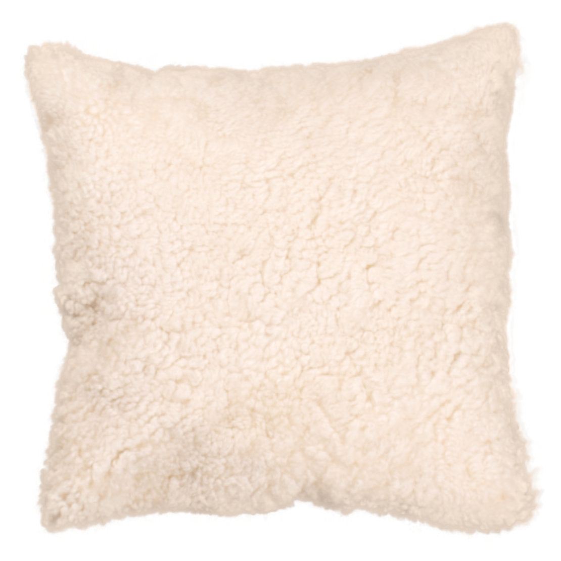 Coussin peau de mouton bouclée clair de lune, carré 45x45 cm vu de face, petites boucles écru crème