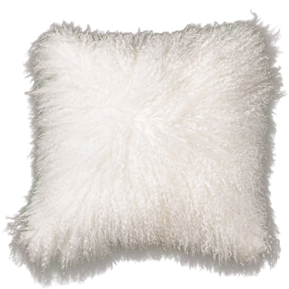 Coussin peau de mouton du Tibet blanc cassé, format carré 45x45 cm vu de face, aux longues mèches ondulées blanc cassé
