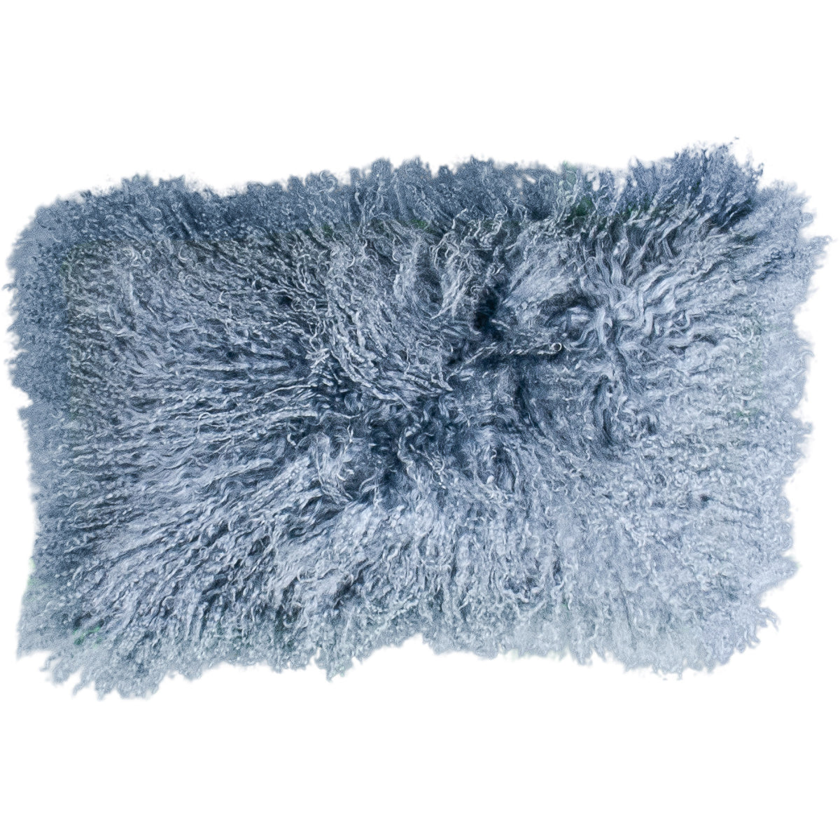 Coussin peau de mouton du Tibet bleu vintage, format rectangulaire 30x50 cm vu de face