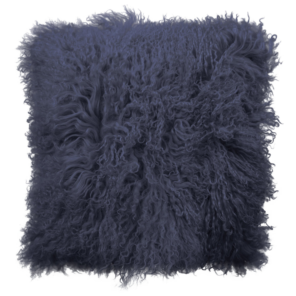 Coussin peau de mouton du Tibet essence, format carré 45x45 cm vu de face, aux longues mèches ondulées bleu pétrole