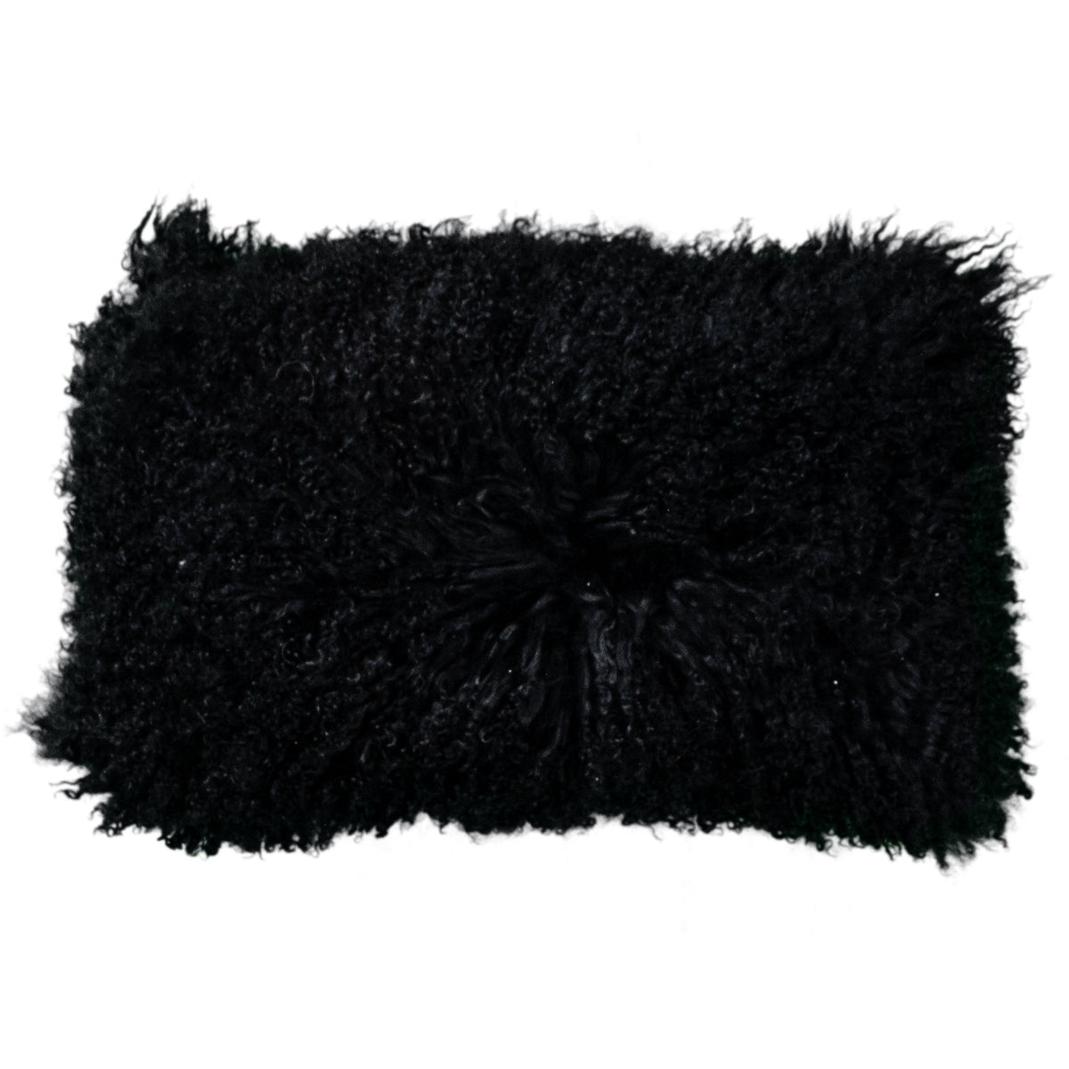 Coussin peau de mouton du Tibet noir, format rectangulaire 30x50 cm vu de face