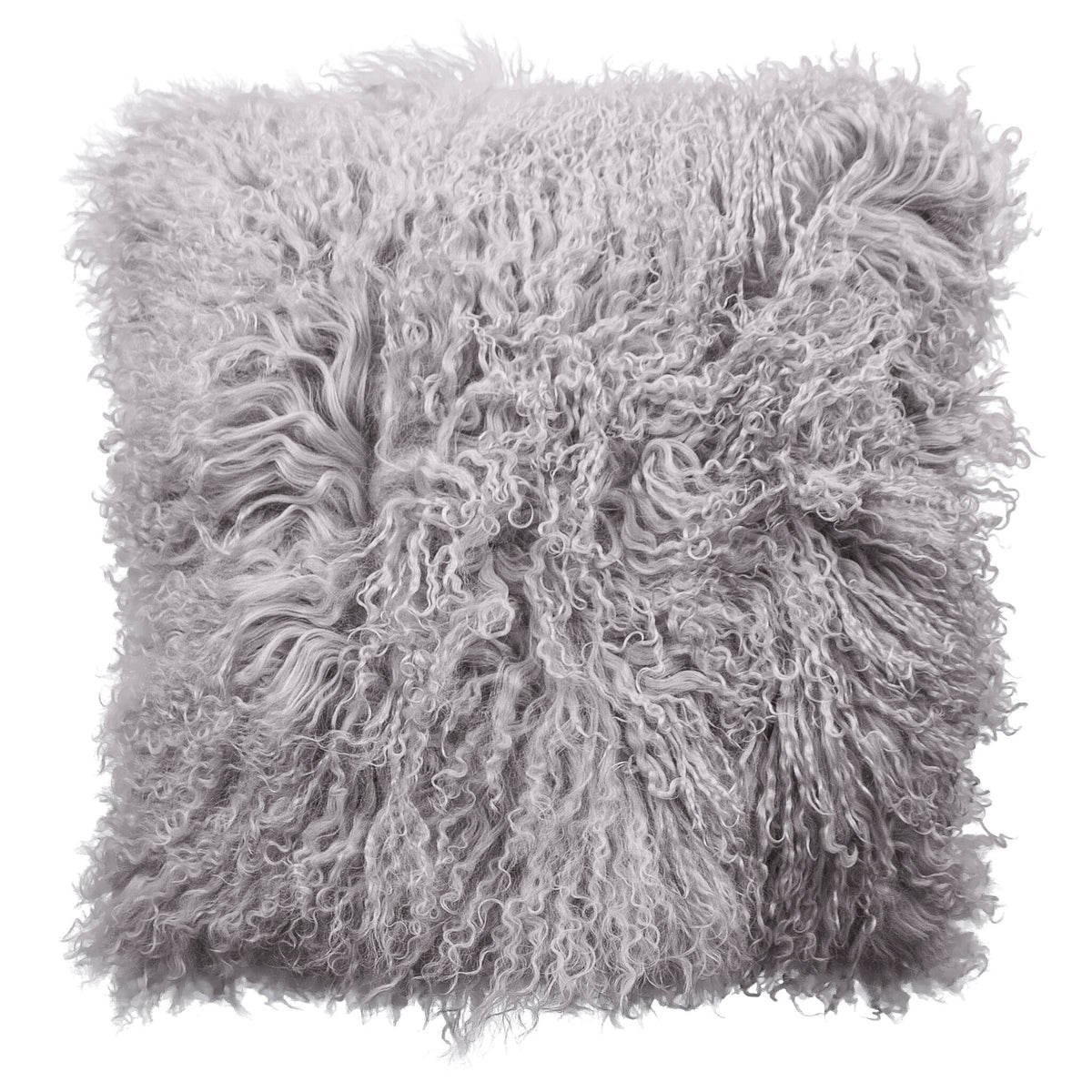 Coussin peau de mouton du Tibet taupe, format carré 45x45 cm vu de face, aux longues mèches ondulées taupe argenté