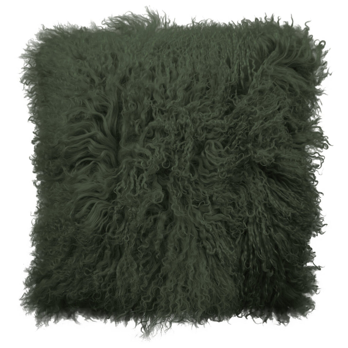 Coussin peau de mouton du Tibet vert, format carré 45x45 cm vu de face, aux longues mèches ondulées vert forêt