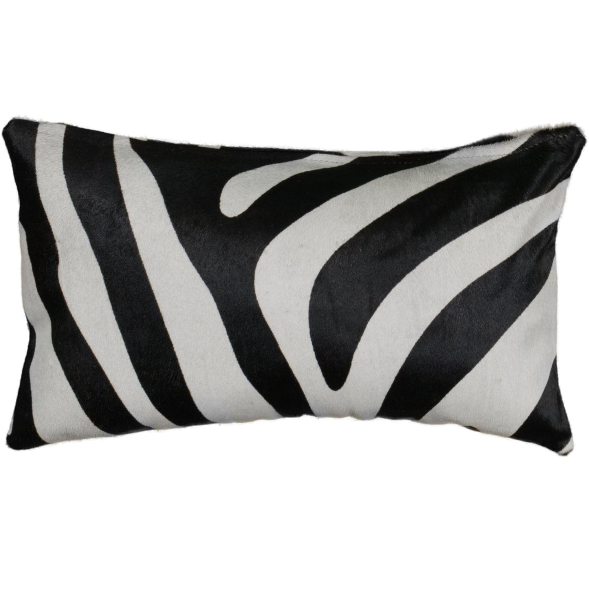 Coussin peau de vache imprimé zèbre, rectangulaire 30x50 cm vu de face, rayures zébrées noires et blanches