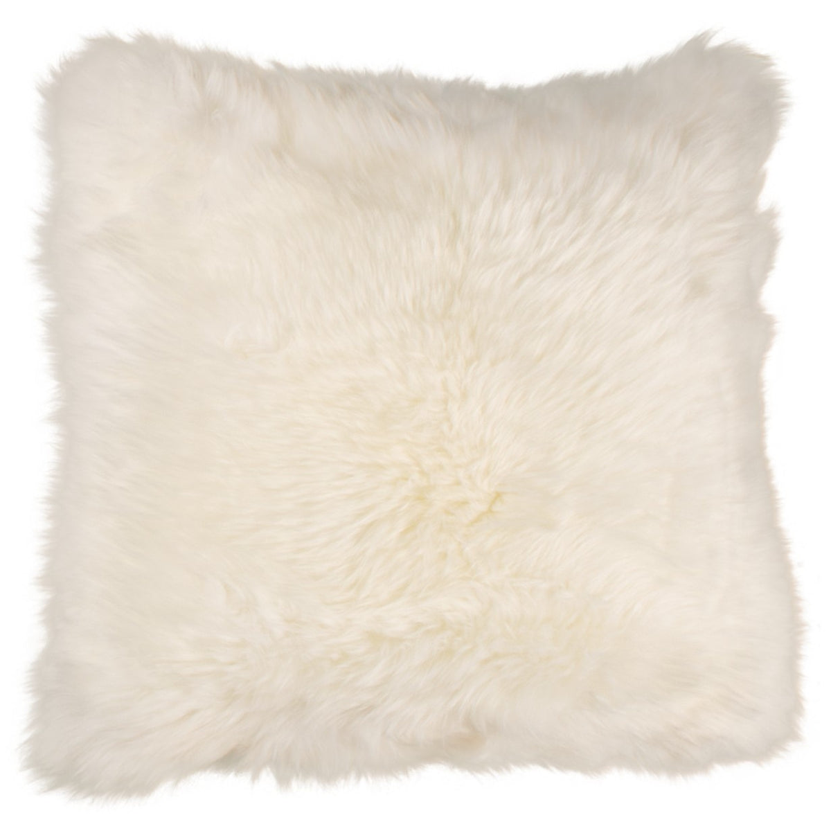 Coussin peau de mouton de Nouvelle-Zélande blanc, carré 45x45 cm vu de face, laine épaisse blanc naturel