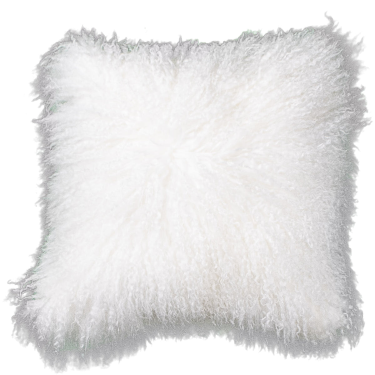Coussin peau de mouton du Tibet blanc, format carré 45x45 cm vu de face, aux longues mèches ondulées blanches