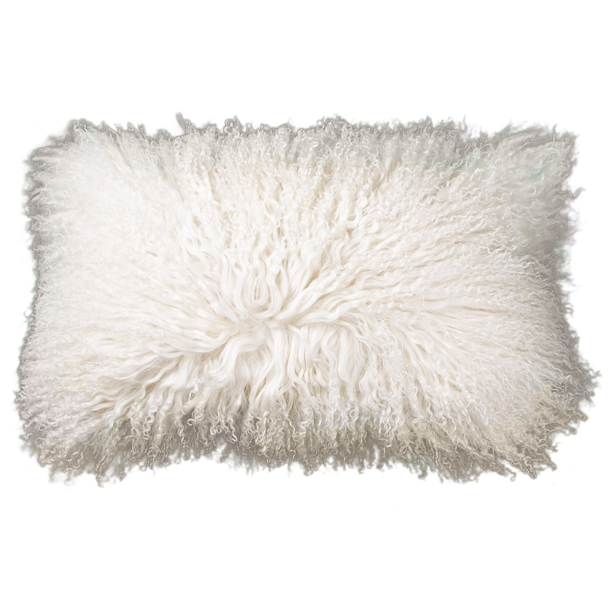 Coussin peau de mouton du Tibet blanc cassé, format rectangulaire 30x50 cm vu de face