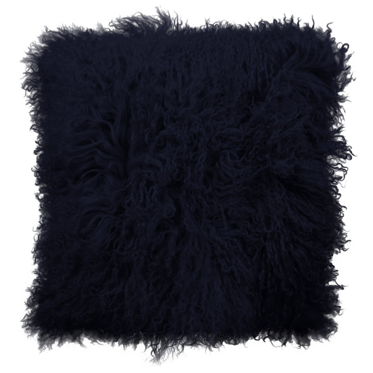 Coussin peau de mouton du Tibet bleu marine, carré 45x45 cm vu de face, mèches ondulées bleu nuit
