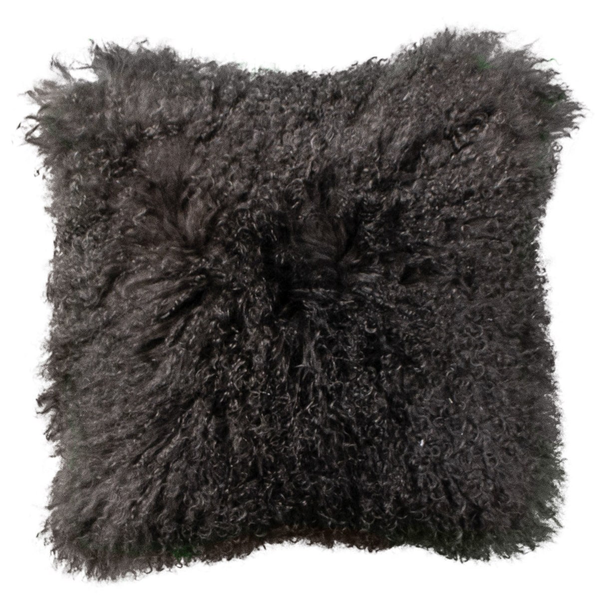 Coussin peau de mouton du Tibet gris, format carré 45x45 cm vu de face, aux longues mèches ondulées gris anthracite