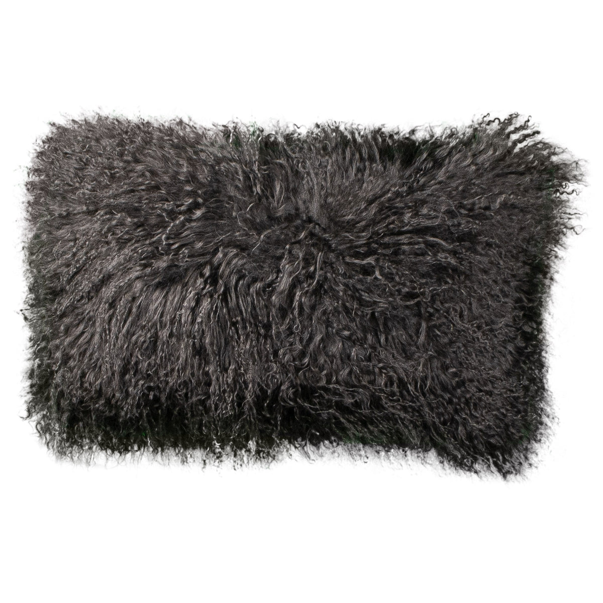Coussin peau de mouton du Tibet gris, format rectangulaire 30x50 cm vu de face