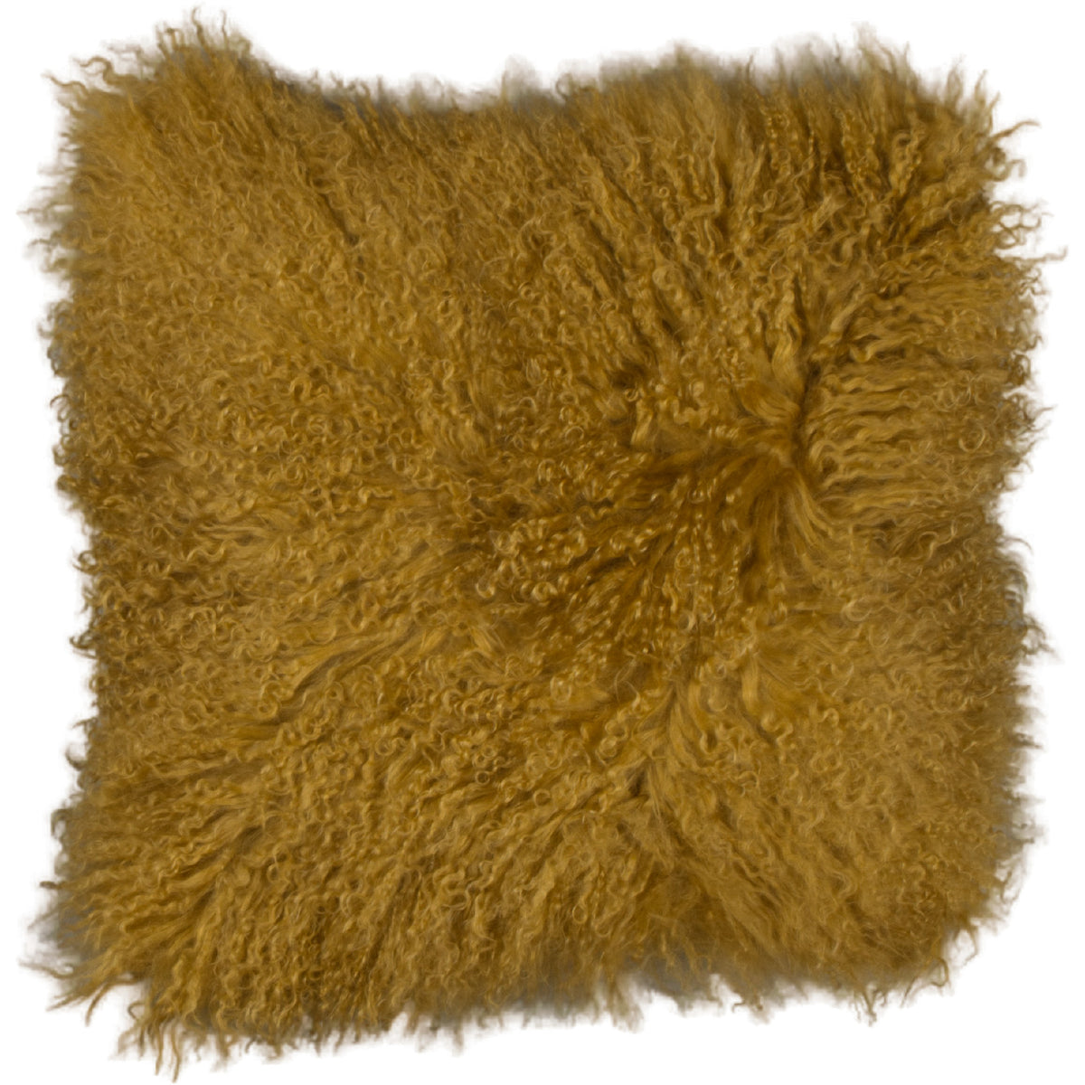 Coussin peau de mouton du Tibet jaune ocre, format carré 45x45 cm vu de face, aux longues mèches ondulées jaune ocre