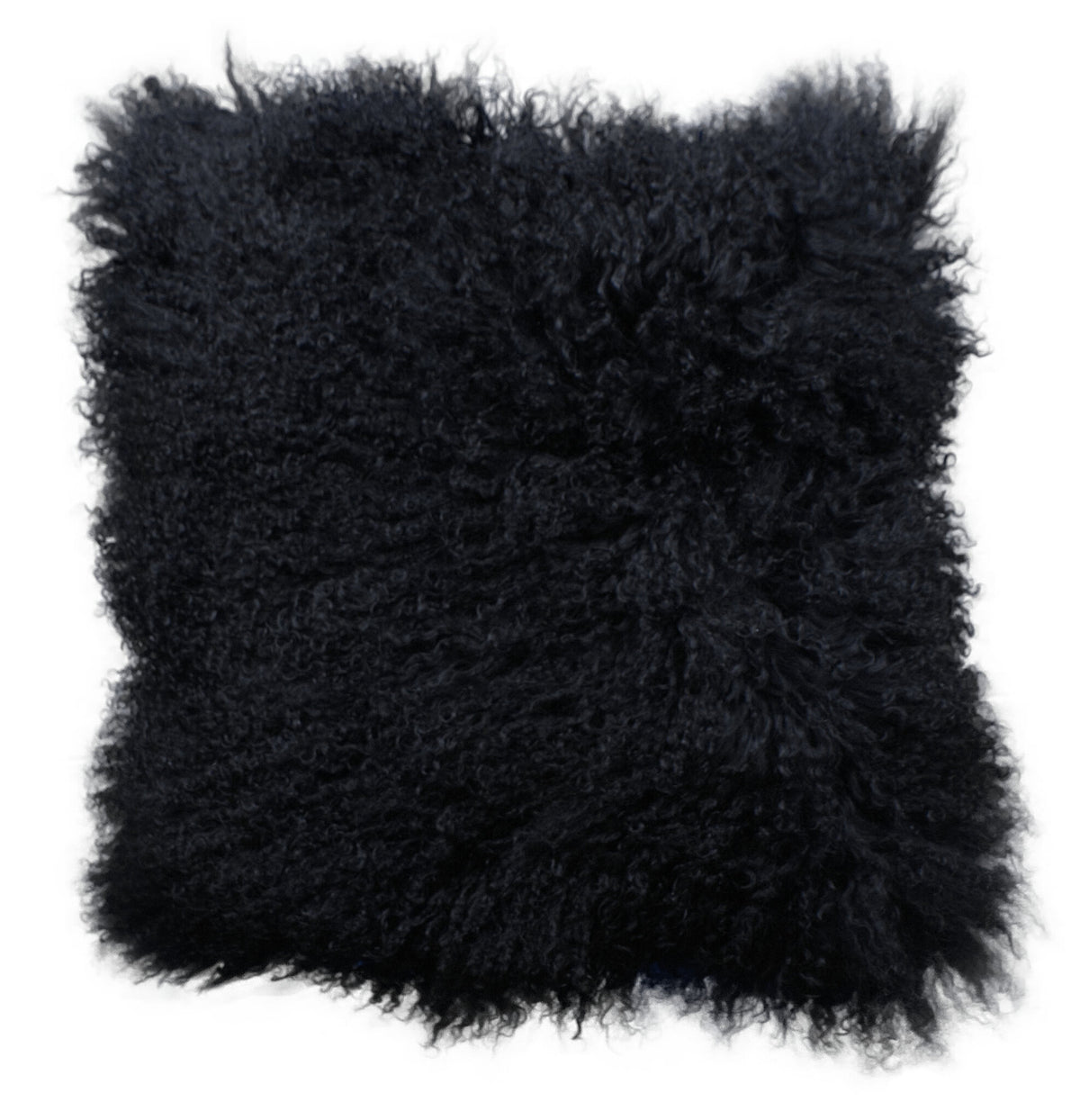 Coussin peau de mouton du Tibet noir, format carré 45x45 cm vu de face, aux longues mèches ondulées noires