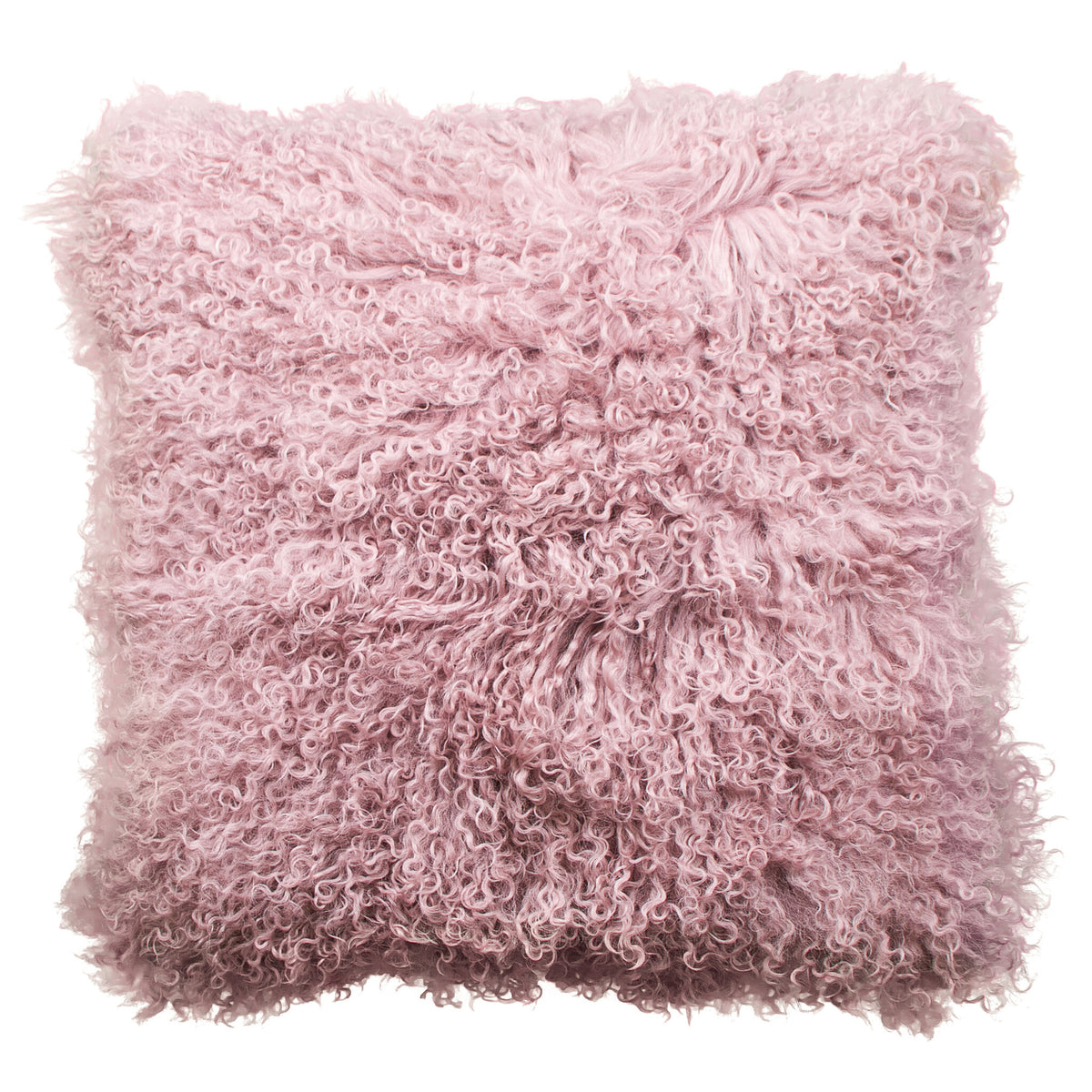 Coussin peau de mouton du Tibet rose, format carré 45x45 cm vu de face, aux longues mèches ondulées rose poudré