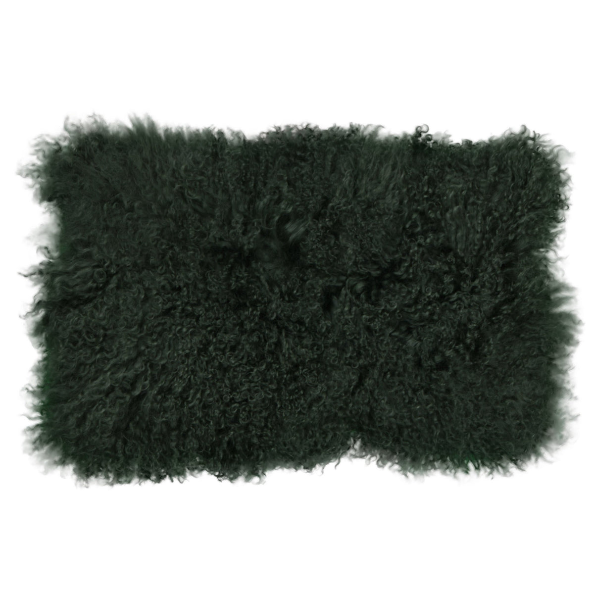 Coussin peau de mouton du Tibet vert, format rectangulaire 30x50 cm vu de face