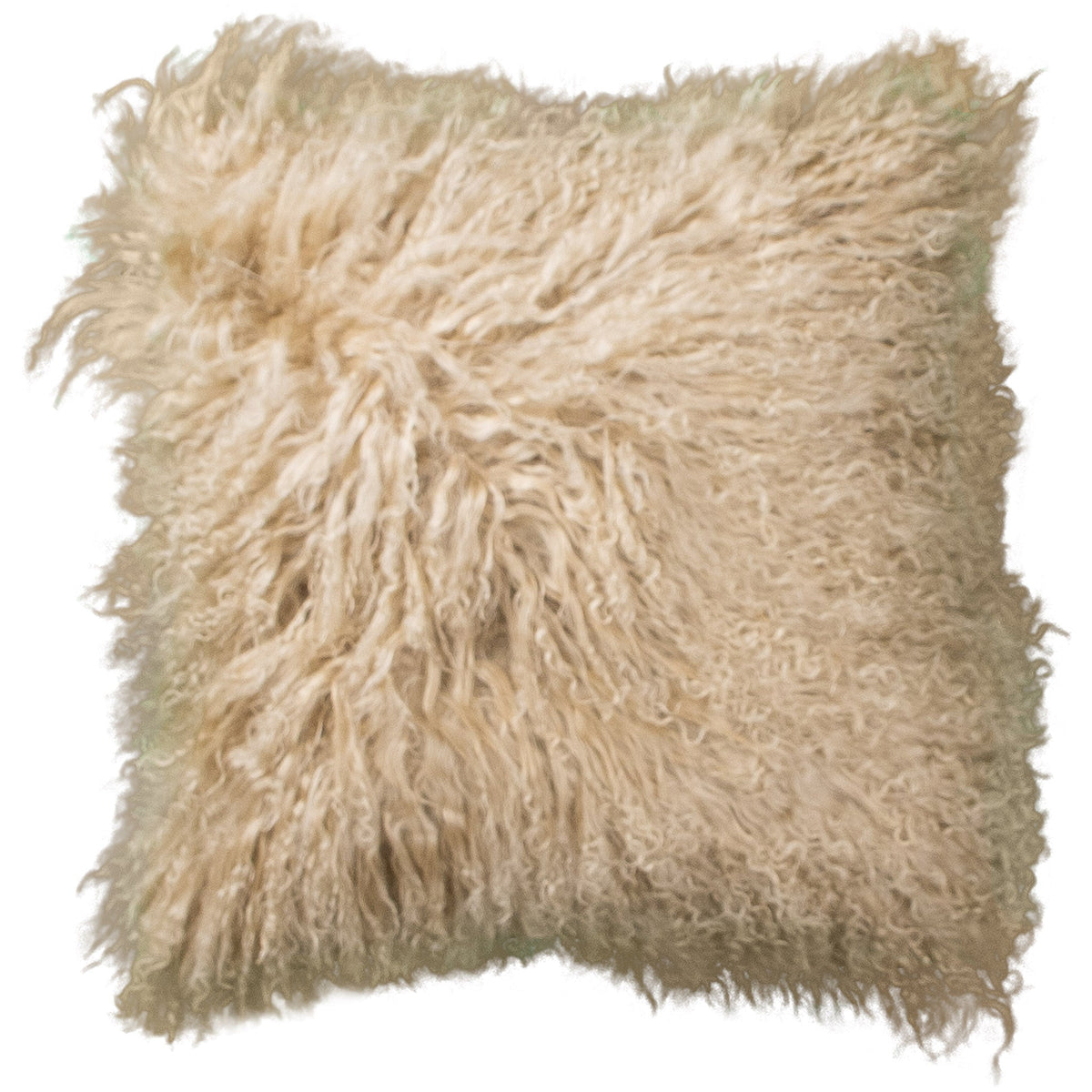 Housse de coussin en fourrure de mouton tibétain chameau, format carré 45x45 cm vu de face, aux longues mèches ondulées beige crème